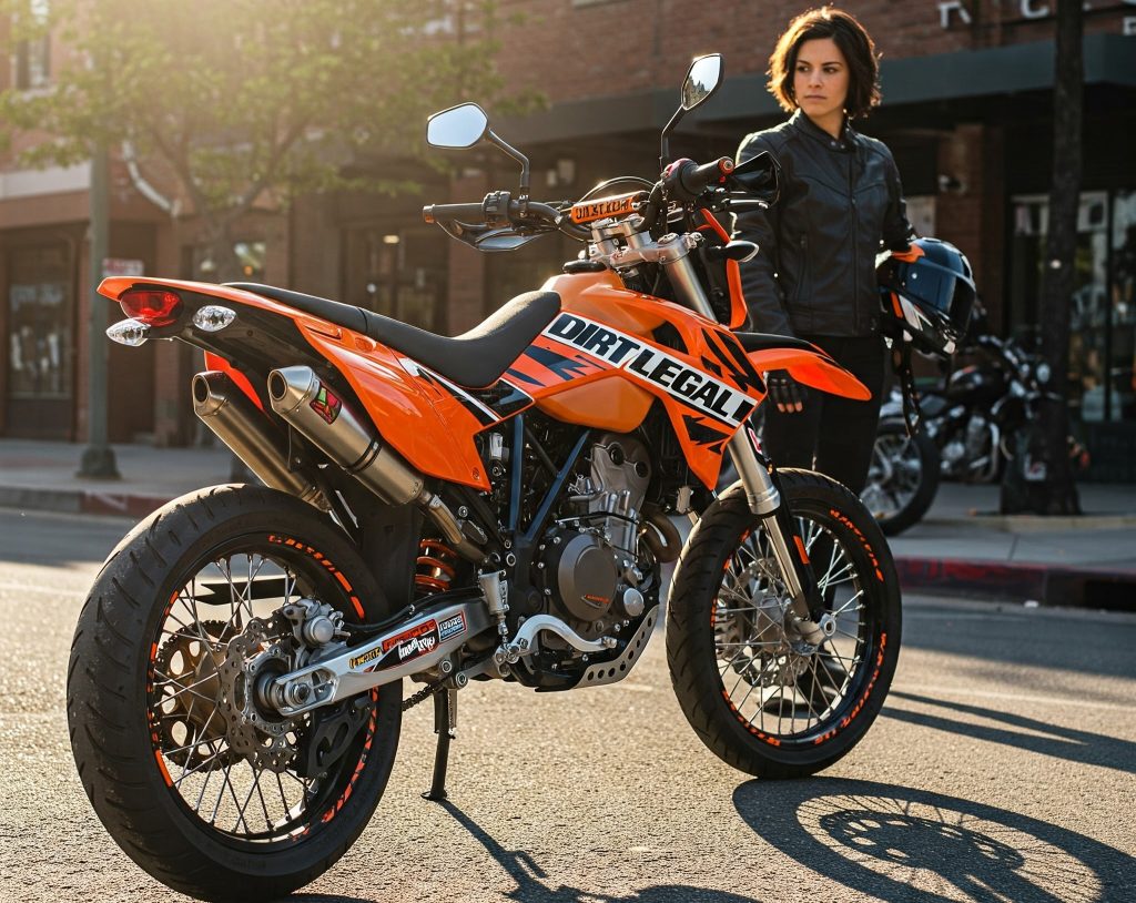 A woman in a black leather jacket stands beside an orange supermoto motorcycle with "Dirt Legal" branding, holding a helmet. The bike is parked on a city street with a warm sunset glow, emphasizing its sleek design and off-road capabilities. Dirt Legal helps riders get their motorcycles legally registered and street-ready without DMV hassles.