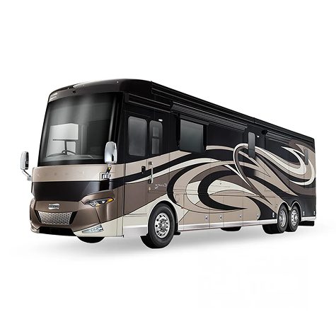 large luxury Class A motorhome - Dirt Legal This image shows a large luxury Class A motorhome with a sleek black and beige exterior design, multiple slide-outs, and large windows, built for extended travel and comfortable living on the road.