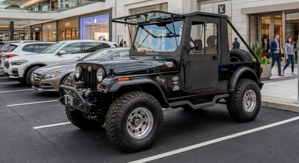 Black Mahindra Roxor parked in a shopping center parking lot with lifted suspension, off-road tires, and custom accessories.