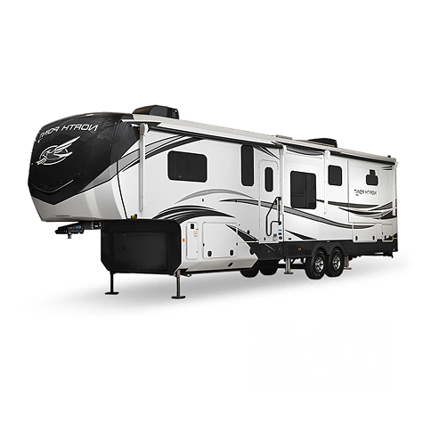 large fifth-wheel travel trailer with a modern white and black design featuring multiple windows - Dirt Legal This image shows a large fifth-wheel travel trailer with a modern white and black design featuring multiple windows, slide-outs, and stabilizer jacks, designed for spacious and comfortable mobile living.