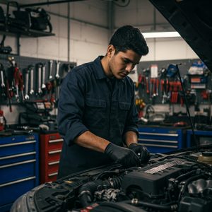 A mechanic in dark workwear is focused on repairing a car engine inside a well-equipped garage.