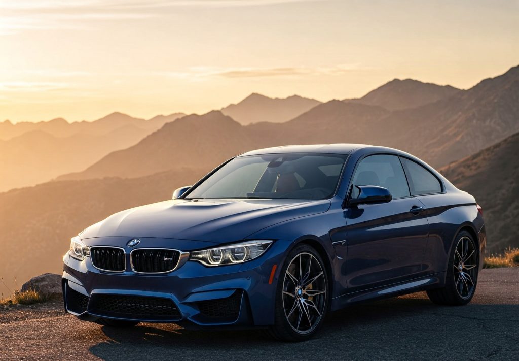 A sleek blue BMW M4 coupe parked on a scenic mountain road at sunset, with golden light reflecting off its glossy exterior. The background features rolling mountain peaks and a warm, glowing sky