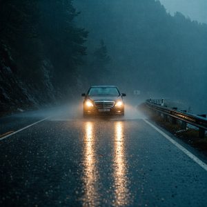 A car drives along a winding mountain road in heavy rain with its headlights reflecting off the wet pavement.