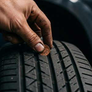 A person with a dirty hand uses a penny to check the tread depth of a car tire.