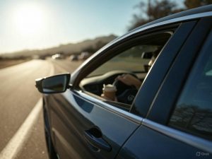 A person drives a modern car down a sunlit highway while holding a coffee cup in one hand.