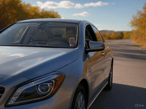 A person drives a silver car on a scenic road surrounded by autumn trees while holding a coffee cup.