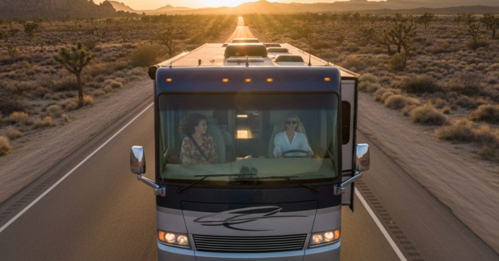 From an aerial view, a luxurious RV driven by two women travels down a long, straight desert road as the sun sets directly in front of them, casting a warm glow over the landscape.