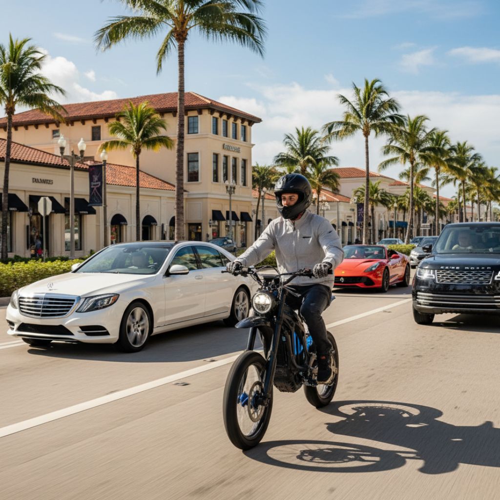 A Surron Rider on a Palm Beach Street, Surrounded by Traffic