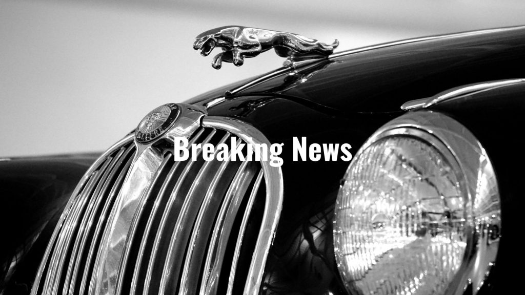 This black and white image shows a close-up of a classic Jaguar car, highlighting its iconic leaping jaguar hood ornament, vertical chrome grille, and round headlight.