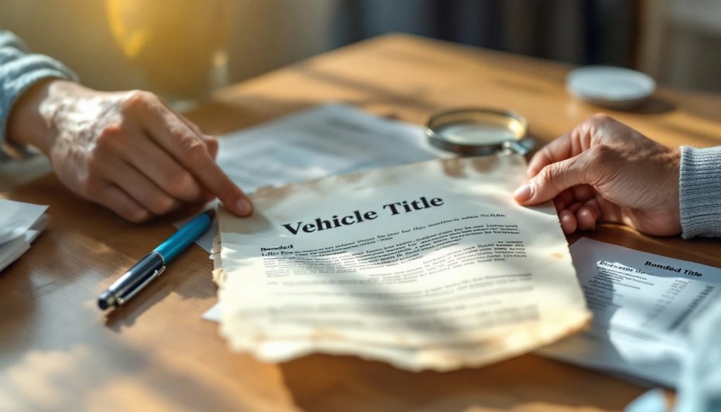 Person reviewing a vehicle title document during a title transfer consultation, illustrating the process of replacing or transferring a lost vehicle title.