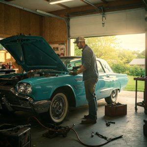A man in a cap and work gloves stands in a sunlit garage, leaning over the open hood of a sky‑blue vintage car as tools lie scattered around him.