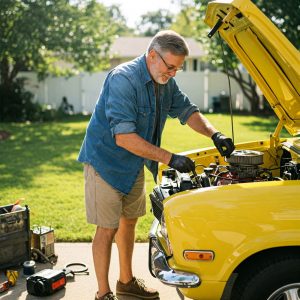 A smiling older man in casual shorts and a denim shirt tinkers under the hood of a bright yellow vintage car parked in his sunlit driveway, tools scattered beside him.