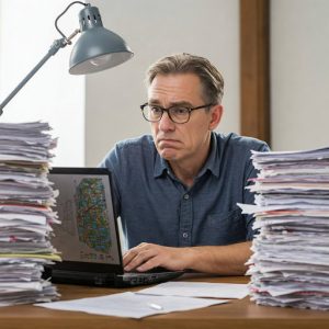 A stressed man sits at his desk, surrounded by towering stacks of paperwork as he stares wearily at his laptop screen.