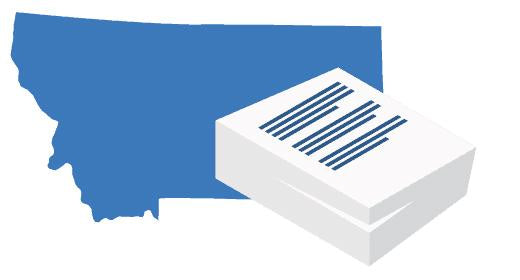 The image shows a blue silhouette of the state of Montana with a white stack of documents or forms placed in front, symbolizing Montana LLC formation paperwork.