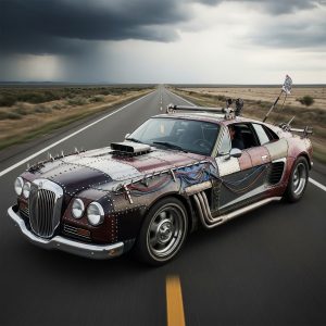 A wild Frankenstein car built from mismatched parts and raw creativity barrels down the highway — a fully street-legal custom build made possible with expert vehicle registration solutions.