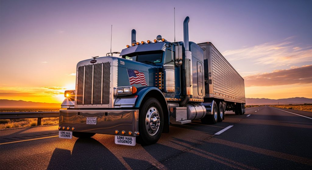 A long-nose semi-truck with chrome detailing and an American flag decal hauls a trailer down the highway at sunset, symbolizing interstate trucking and Montana LLC registration.