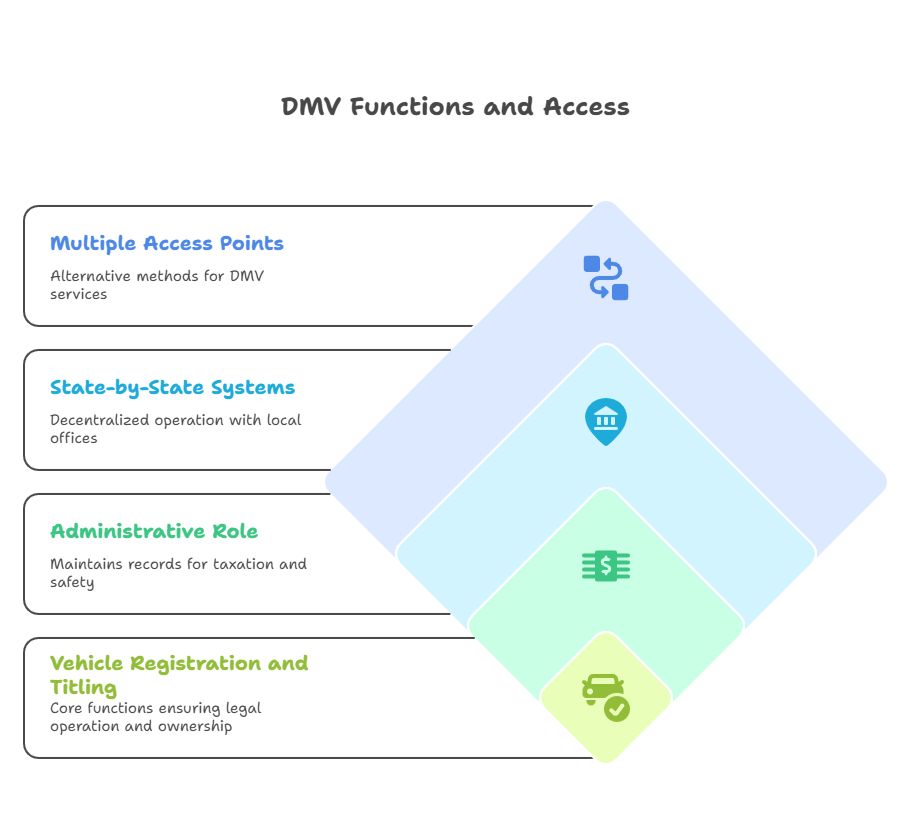 The image is an infographic titled “DMV Functions and Access” that summarizes the DMV’s core roles in registration and titling, administrative recordkeeping, state-by-state systems, and multiple access points.