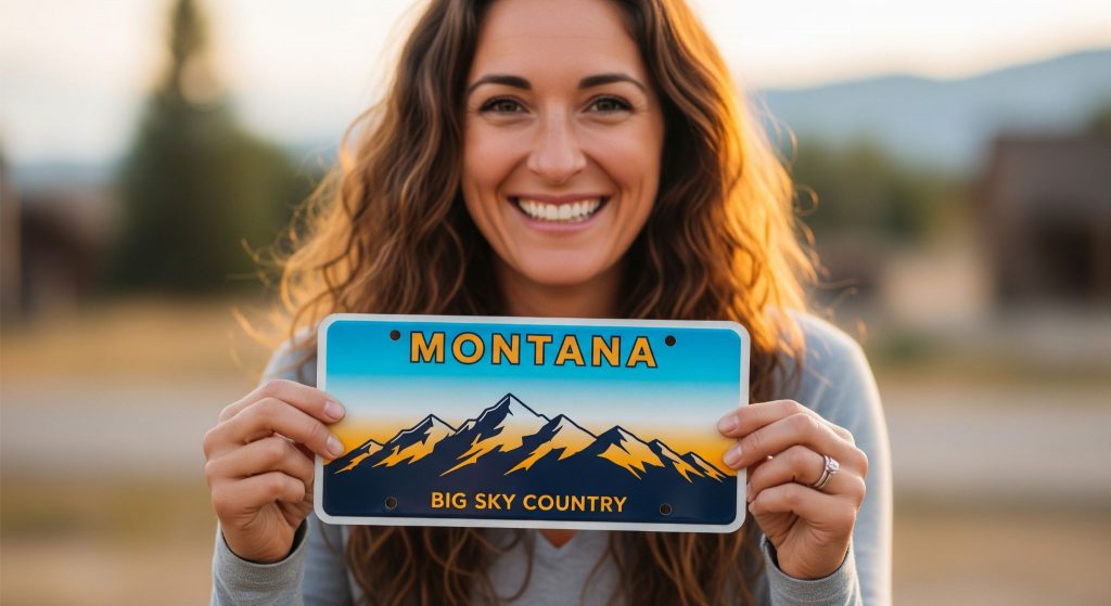 Happy wife showing montana plate