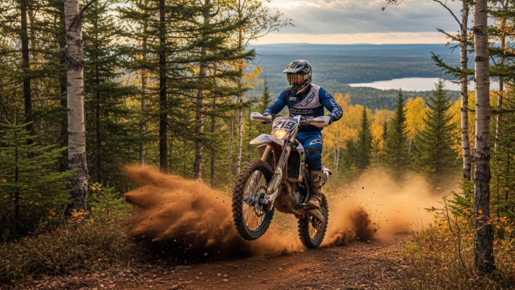 Dirt bike rider kicking up dust on a forested Michigan trail with a scenic overlook of a lake and hills.