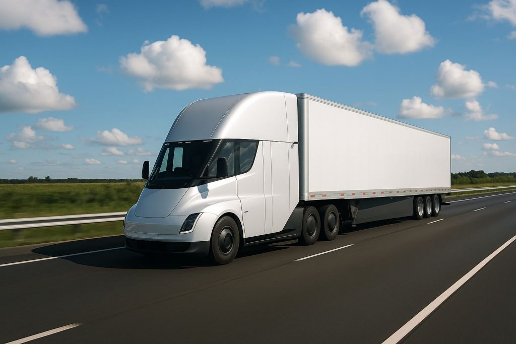 A modern white electric semi-truck drives along a highway under a bright blue sky with scattered clouds.