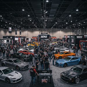 SEMA - Dirt Legal The image shows a bustling SEMA Show exhibition hall filled with crowds and rows of customized high-performance cars displayed by various automotive brands and aftermarket companies.