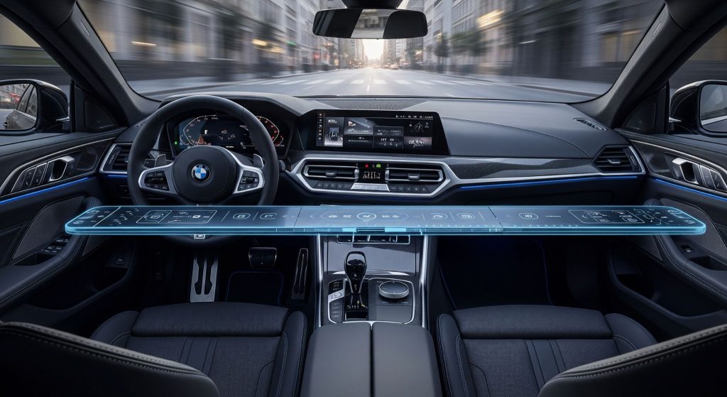 The futuristic image captures a wide view of a BMW cockpit featuring a sleek, interactive panoramic slide bar stretching across the dashboard, blending high-tech design with a sense of motion.