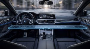 The Seamless Cockpit BMWs Panoramic Interface - Dirt Legal The futuristic image captures a wide view of a BMW cockpit featuring a sleek, interactive panoramic slide bar stretching across the dashboard, blending high-tech design with a sense of motion.