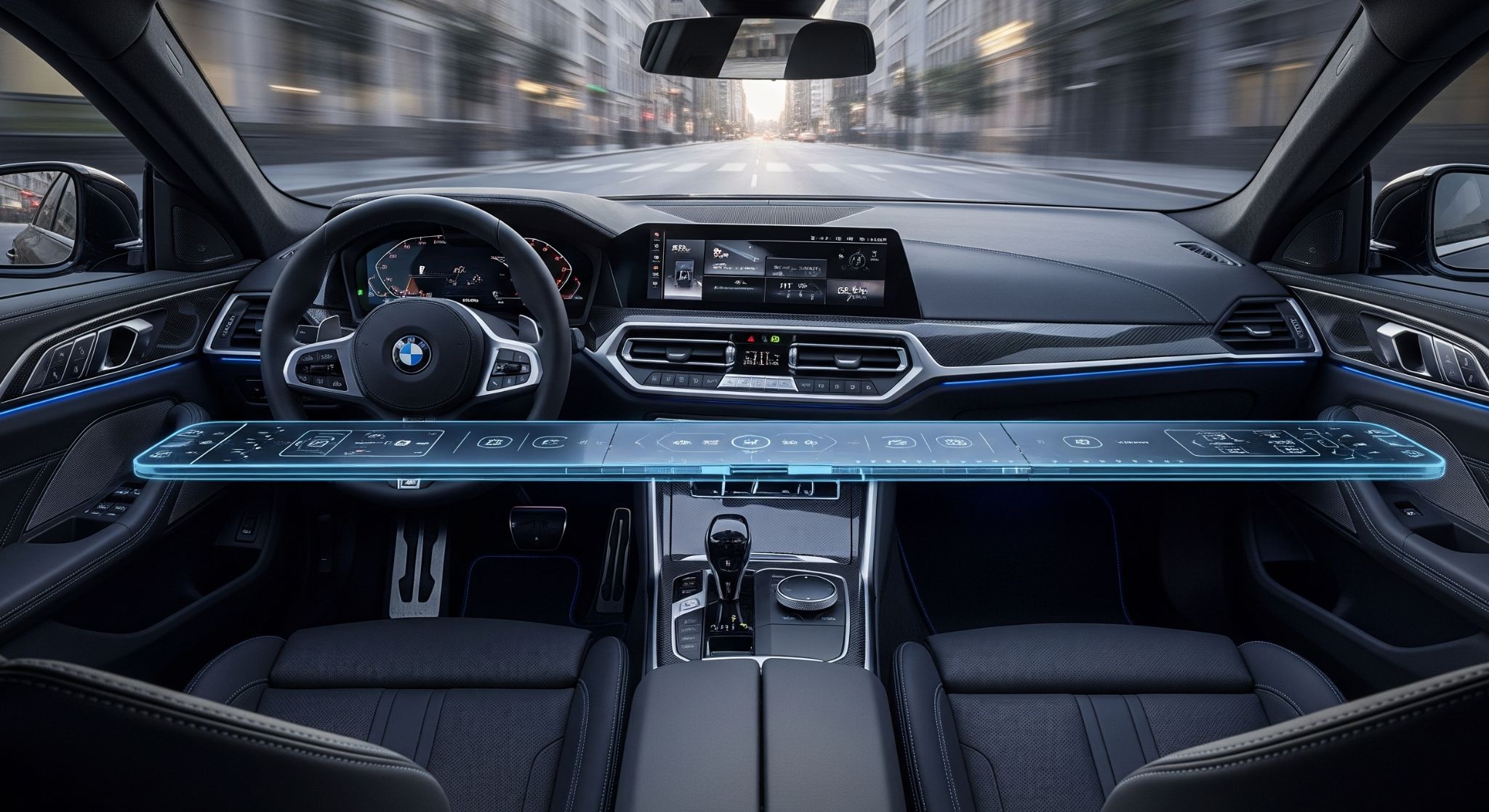 The futuristic image captures a wide view of a BMW cockpit featuring a sleek, interactive panoramic slide bar stretching across the dashboard, blending high-tech design with a sense of motion.