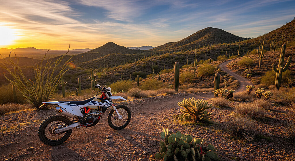 A white dirt bike parked on a winding dirt trail in the Arizona desert at sunset, surrounded by saguaro cacti and mountains. Represents off-road riding in Arizona and compliant dirt bikes.