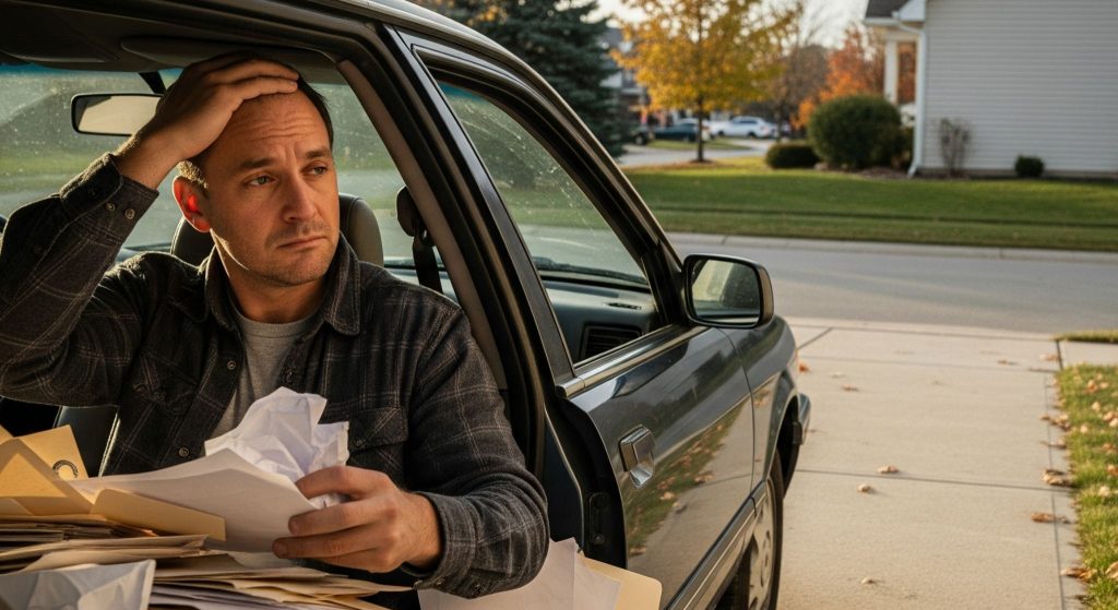 A man sits in his car, looking overwhelmed and stressed as a pile of papers spills around him, while a hand reaches out to stop the chaotic situation.
