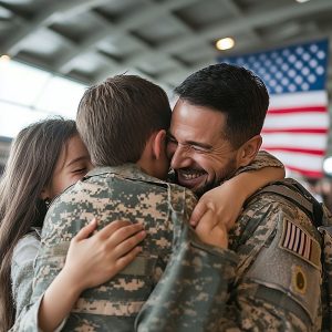 Military Homecoming Hug - Dirt Legal A joyful military homecoming as a smiling soldier embraces his children in a heartfelt reunion, with the American flag waving proudly in the background.