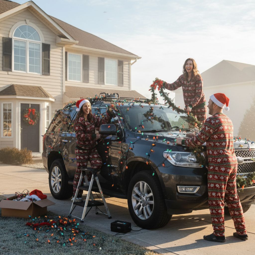 Holiday Glow-Up Decorating the Family SUV with Christmas Cheer - Dirt Legal A festive trio in matching pajamas transforms their SUV into a rolling holiday light show, proving that driveway decorating is a family tradition worth lighting up.