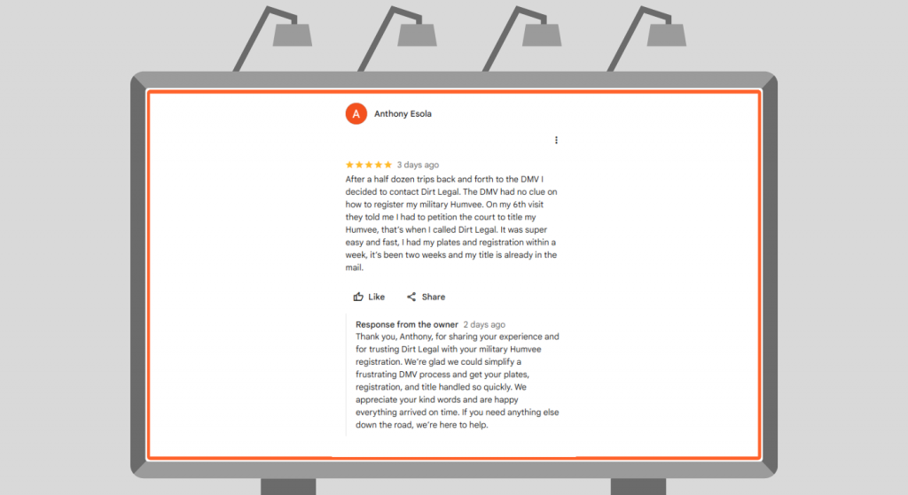 Screenshot of a five-star customer review from Anthony Esola describing how Dirt Legal helped register his military Humvee after the DMV could not process the registration.