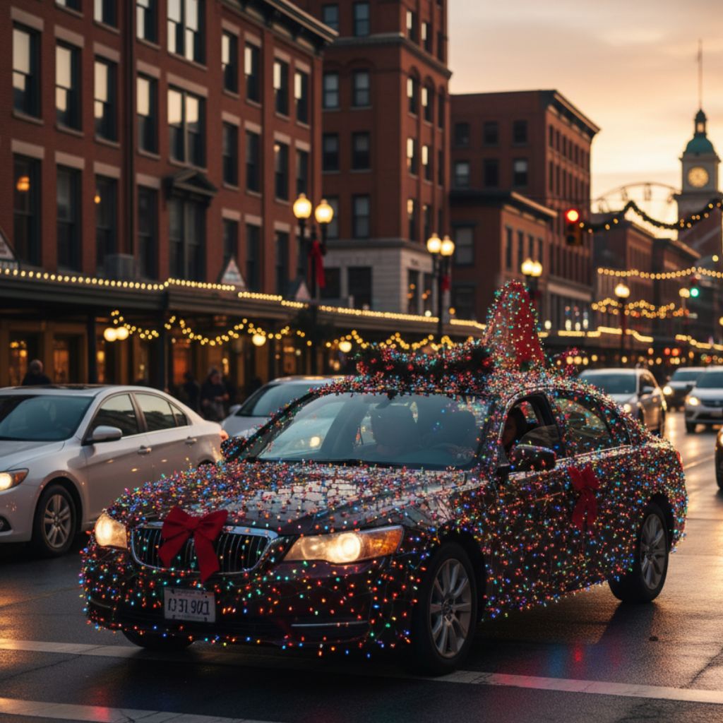 A sedan completely covered in colorful Christmas lights and festive bows cruises through a city street at dusk, turning heads as a mobile holiday spectacle.