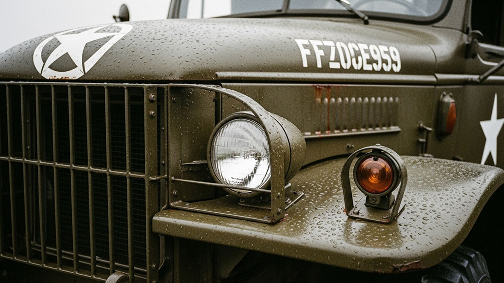 Vintage Military Truck Detail - Restoration and Preservation - Dirt Legal Close-up of the front of a vintage olive green military truck, wet with raindrops, showing the grille, round headlight, amber signal light, and a white star decal on the hood.