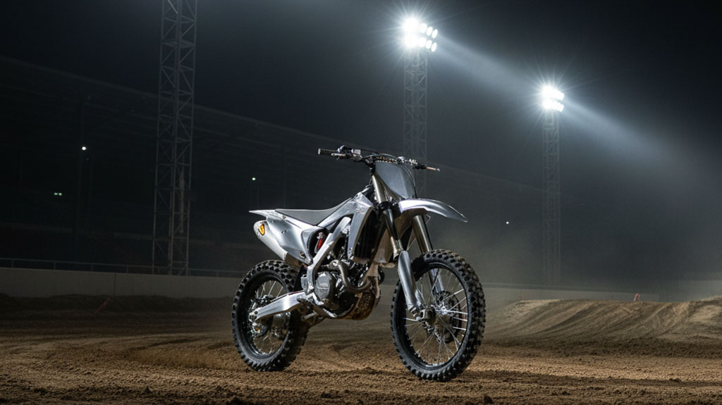 A clean, silver motocross dirt bike parked on a professional dirt track at night, brightly lit by stadium floodlights.