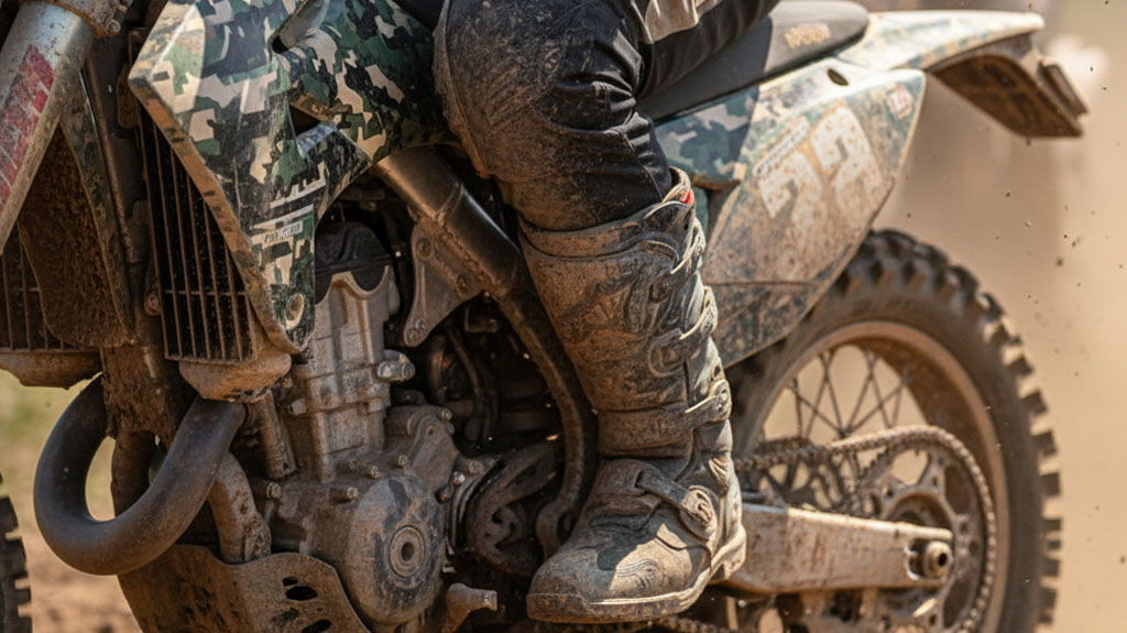 Close-up of a dirt bike rider's muddy boots and leg on the footpeg of a camouflage-patterned dirt bike, showing the engine and rear wheel.