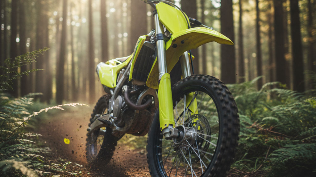 Yellow Dirt Bike in a Forest Trail - Dirt Legal Yellow dirt bike stopped on a forest trail surrounded by tall trees and ferns – off-road motorcycle in nature.