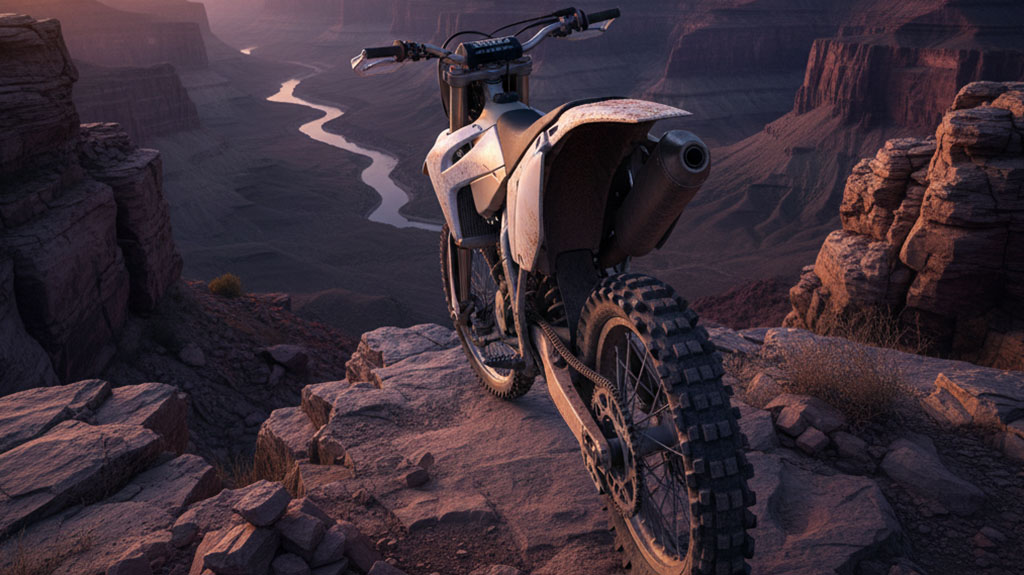 A dirt bike parked on a rocky cliff edge overlooking a vast canyon with a winding river below, at sunset.
