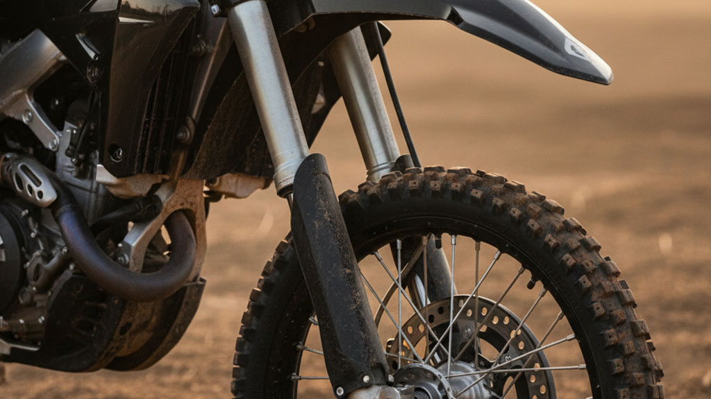 Close-up of the front wheel and suspension of a black dirt bike, showing the knobby tire, disc brake, and muddy forks.