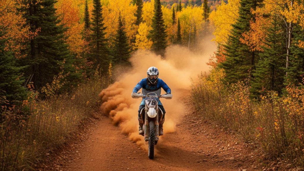 Dirt bike rider approaching the camera on a dusty, red-dirt trail framed by vibrant yellow and green autumn forest trees.