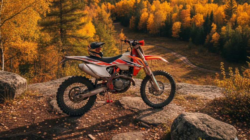 red and white dirt bike parked on a rocky forest overlook in Minnesota, offering a panoramic view of numerous lakes and vibrant autumn trees.