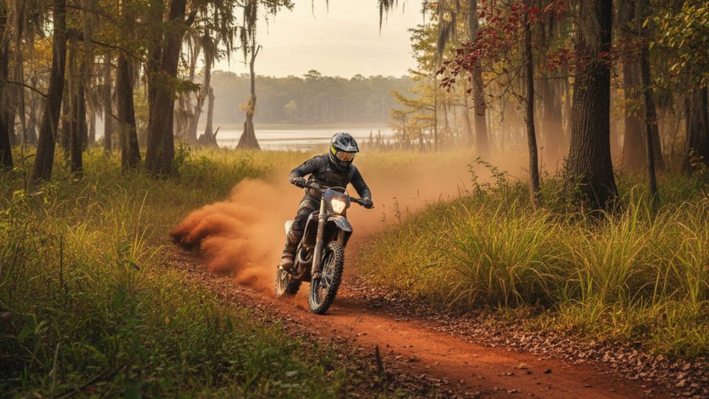Dirt bike rider kicking up rich, dark Mississippi soil on a humid, forested trail