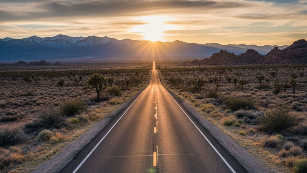 Long, straight two-lane highway stretching into the distance across a vast Nevada desert landscape, with a vibrant sunset over distant mountains and sparse desert vegetation.