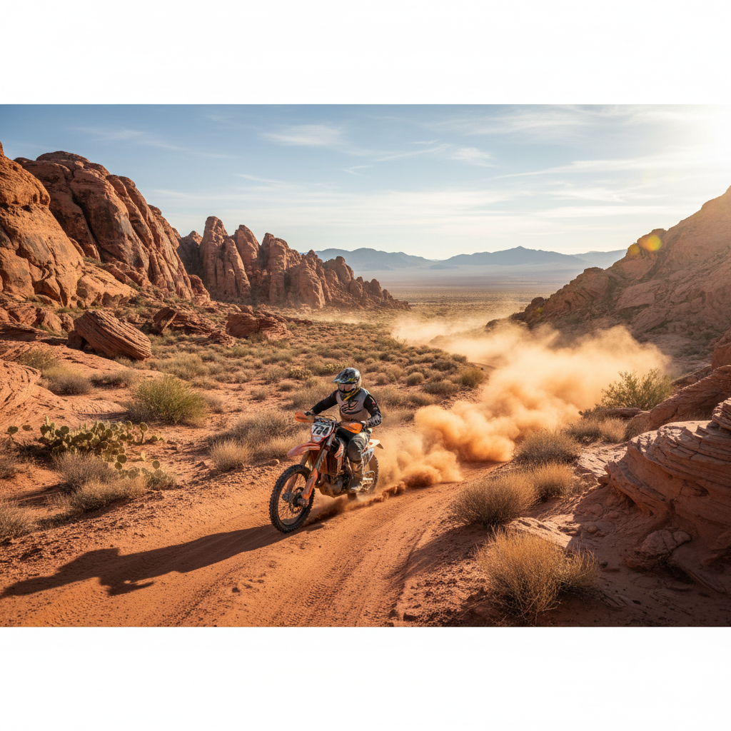 Dirt bike rider kicking up red dust on a rugged desert trail in Nevada, surrounded by distinctive red rock formations and distant mountains.
