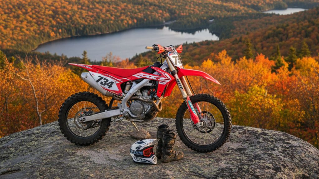 Red dirt bike parked on a rocky outcrop overlooking a serene, tree-lined lake in the mountainous New Hampshire wilderness during autumn.