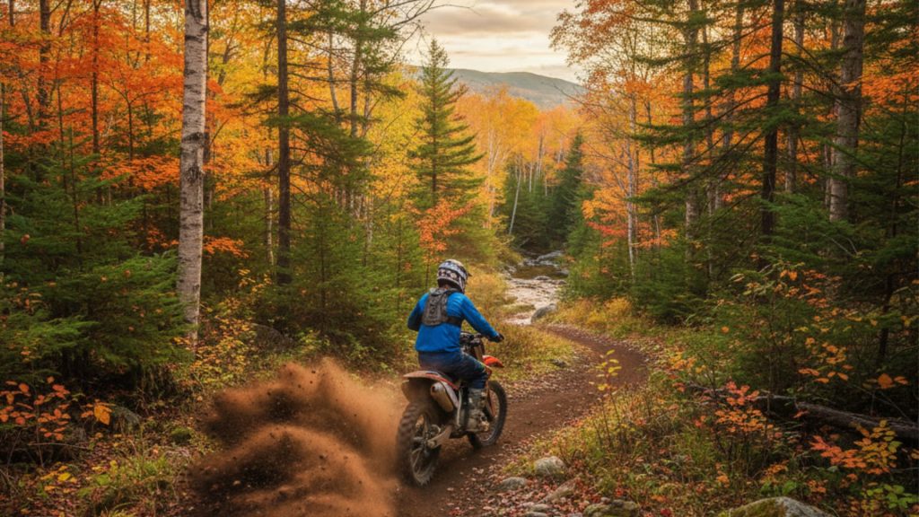 Dirt bike rider kicking up rich, earthy soil on a winding trail through a dense New Hampshire forest, vibrant with autumn foliage.