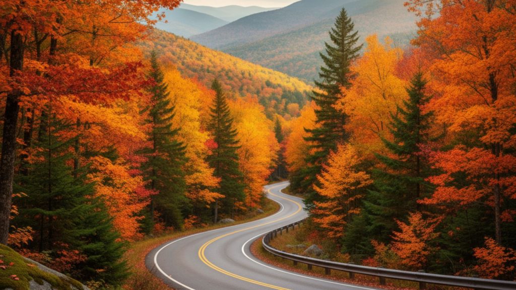 Winding two-lane road carving through a vibrant autumn forest in the mountainous region of New Hampshire.