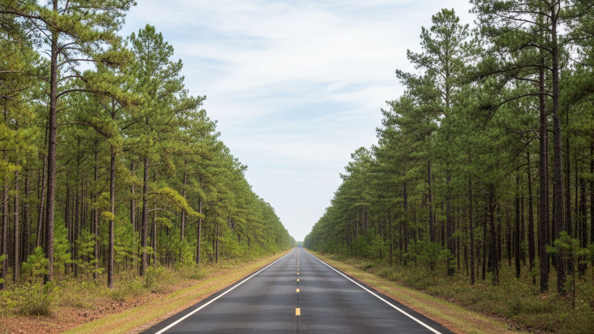 dirt-legal-new-jersey-pine-barrens-road - Dirt Legal Straight, rural paved road cutting through flat, dense green pine forests of the New Jersey Pine Barrens under a clear sky.