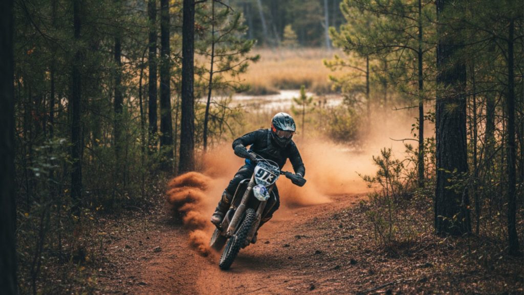 Dirt bike rider kicking up brown dirt on a narrow trail through a dense, green pine forest in the New Jersey Pine Barrens.